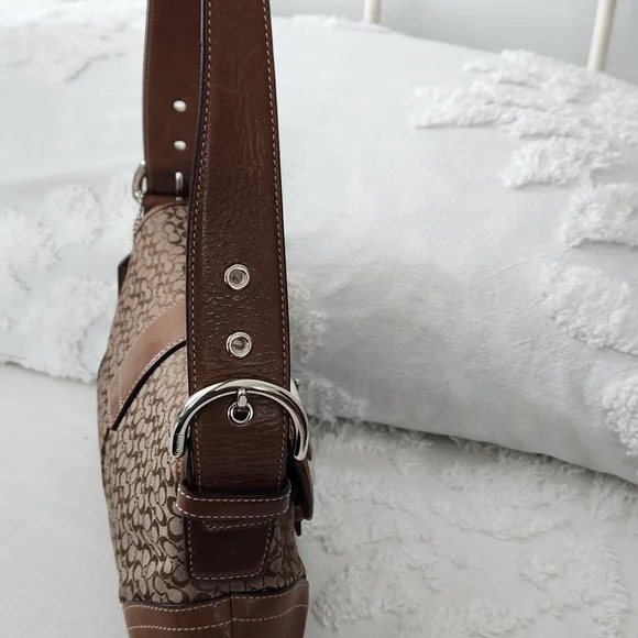 Coach Tan and Brown Signature Shoulder Bag With Leather Corner Accents H04W-6818 - Picture 8 of 14